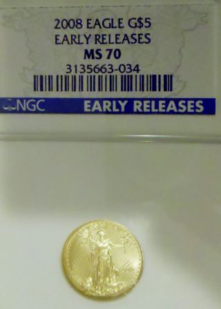 2008 Gold Eagle $5 Dollar Early Releases 1/10 Oz Fine Gold Ngc Ms 70 photo