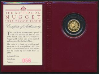 Australia 1995 $15 1/10oz Gold Proof Nugget Low Certificate No.  056 Mintage 600 photo