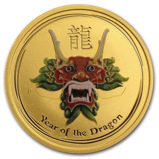 2012 1/10 Oz.  Gold $15 Australia Colorized Lunar Dragon Very Rare Bullion Coin photo