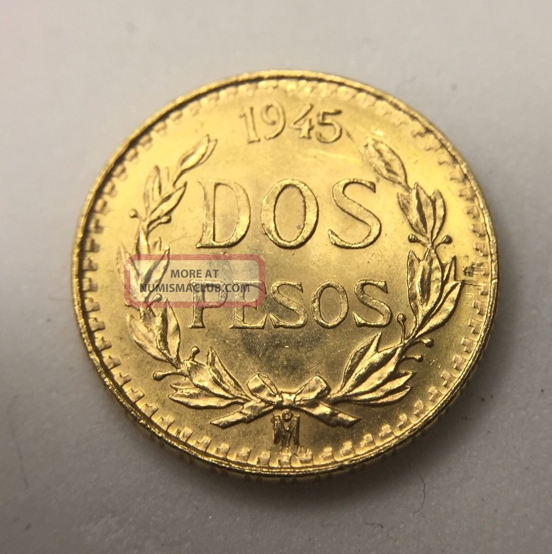 1945 Mexico 2 Pesos Gold Coin 900