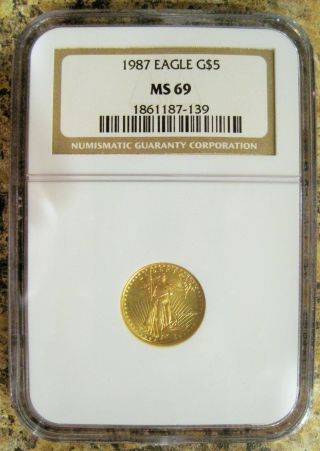 1987 $5 Gold American Eagle Ngc Ms 69 1/10 Ounce Brown Label - & Ins photo