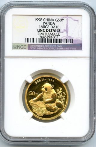 1998 Chinese Gold Panda 50 Yuan Large Date Ngc Unc Details Hucky photo