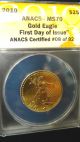 2010 Gold $25 Eagle 1/2 Oz.  Anacs Ms 70 First Day Of Issue 08/92 Gold photo 2