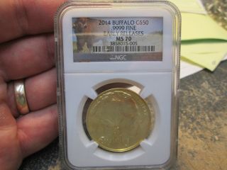 2014 One Ounce Gold Ngc Ms70 Early Reliece Uncirculated Condit American Buffalo photo