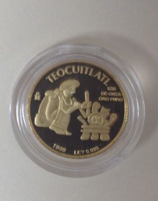 1999 Mexican Teocuitlatl Gold Proof 1/20 Oz 2 Pesos Azteca Oro Onza Mexico photo
