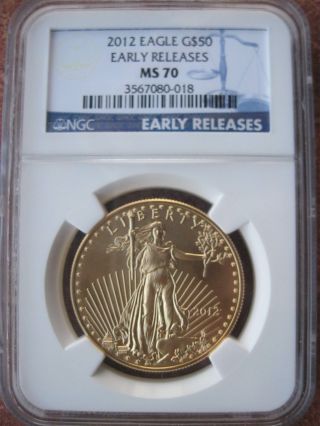2012,  $50 Gold Eagle,  Ms70,  Ngc,  Early Releases,  1 Oz.  999 Fine Gold,  Perfect 70 photo