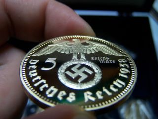 24k 5 Reichsmark Third Reich Nazi Gold Plated Coin 999 Adolf Hitler Oz Ounce Unc photo
