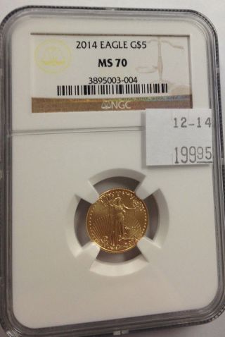 2014 $5 Gold Eagle 1/10 Ounce Fine Ms 70 Ngc Certified photo