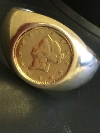1850 (type 1) $1 Gold Liberty Coin Ring Sz.  11,  15mm,  14k Setting Offer@scrap 10.  7g photo