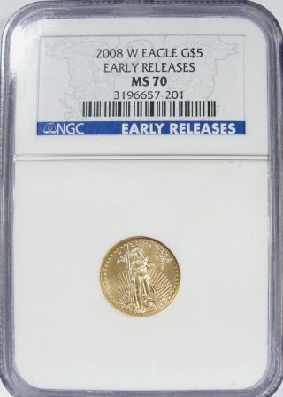 2008 - W $5 Burnished Gold Eagle Ngc Ms 70 1/10 Oz Tenth Early Release Blue Label photo
