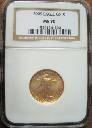 2005 $10 American Gold Eagle Ngc Ms70 (1/4 Oz) Brown Label & Ins. photo