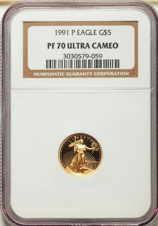Tenth - Ounce Gold Eagle Pf70 Ultra Cameo 1991 - P G$5 Pf70 Proof - Key Date - Rare photo
