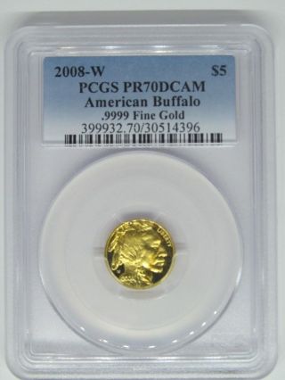 2008 - W $5 Proof American Gold Buffalo 1/10 Oz Pcgs.  9999 Fine Pr - 70dcam Rare photo