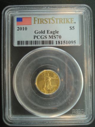 2010 Gold $5 American Eagle 1/10 Oz Coin Pcgs Ms 70 First Strike photo