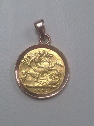 22ct & 9ct 1902 Half Sovereign Solid Gold Coin Pendant photo