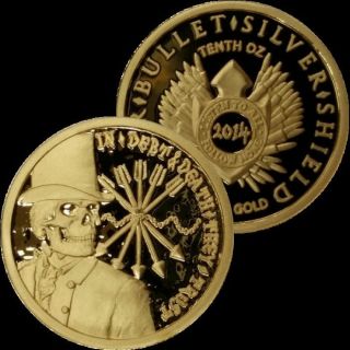 1/10 Oz Gold Debt And Death Gold Coin Sbss Silver Bullet Silver Shield.  9999 Oz photo