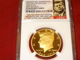 2014 W Gold Kennedy 50th Anniv Half Dollar High Relief Ngc Pf 69 Early Releases photo