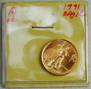 1991 American Gold Eagle 1/4 Oz 99.  999 Pure Gold Coin Bullion 10 Dollars Liberty photo