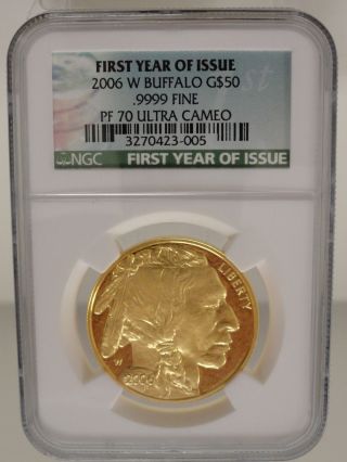 2006 W $50 One Ounce.  9999 Gold Buffalo Ngc Pf 70 Ultra Cameo First Year Issue photo