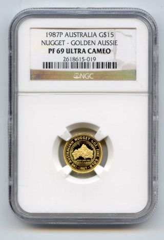 1987 P Australia Gold $15 Nugget - Golden Aussie - Pf 69 Ulta Cameo - Ngc photo