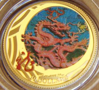2012 1/10 Oz.  Gold Proof $10 Australia Colorized Lunar Dragon Rare Bullion Coin photo