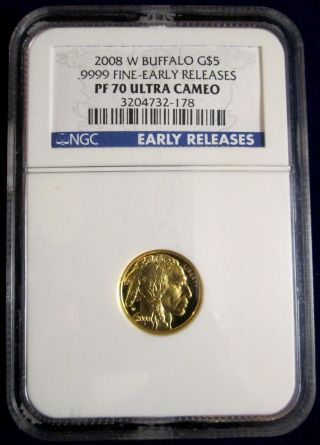2008 - W $5 Gold Buffalo Proof Coin Ngc Pf70 Ultra Cameo Early Releases 1/10.  9999 photo