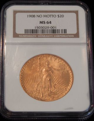 1908 No Motto $20 Saint Gauden Gold Coin Ngc Ms 64 9 - 001 photo