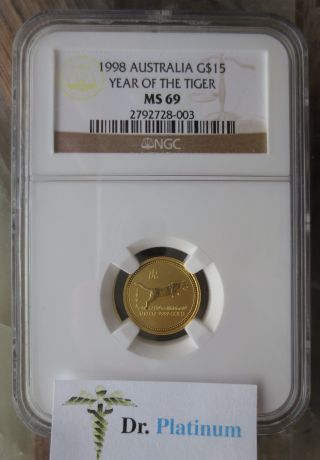 1998 Lunar Tiger,  Australia,  Ngc Ms 69,  $15,  1/10 Ounce,  Fine Gold Coin photo
