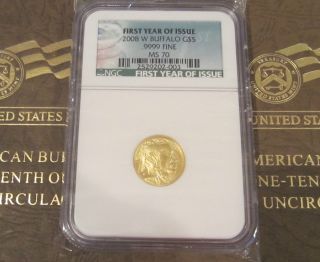 2008 W 1/10 $5 Gold Buffalo Ngc Ms70 First Yr Issue Label Ogp,  Box photo