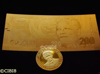 24k Gold Plated 200 Rands Banknote Gift,  1 Oz Gold Plated Mandela Coin photo