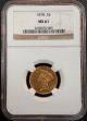 1878 Indian Princess Head Three Dollar Gold Piece Ngc Certified Ms 61 ($3.  00). Gold (Pre-1933) photo 1