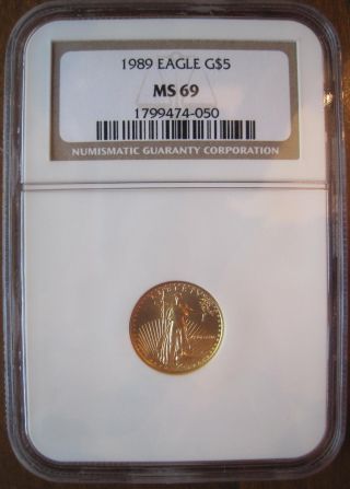 1989 $5 American Gold Eagle Ms - 69 Ngc (1/10 Oz) Brown Label photo