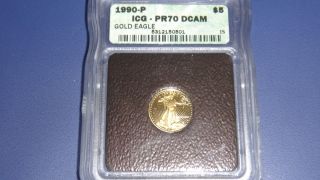 1990 - P American Gold Eagle,  1/10oz.  $5 Dollars.  Icg - Pr70 Dcam photo