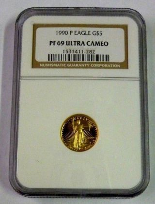 1/10 Oz Ngc 1990 - P Pr 69 Ultra Cameo Gold Eagle G$5.  900 Gold Coin photo