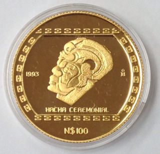 1993 Mexico 100 Nuevo Pesos Proof Gold Hacha Ceremonial Coin photo