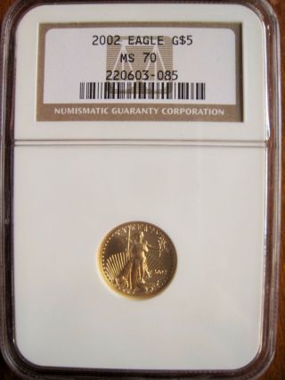 2002 $5 American Gold Eagle Ms - 70 Ngc (1/10 Oz) Brown Label & Ins photo