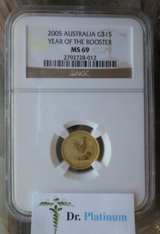 2005 Lunar Rooster,  Australia,  Ngc Ms 69,  $15,  1/10 Ounce,  Fine Gold Coin photo