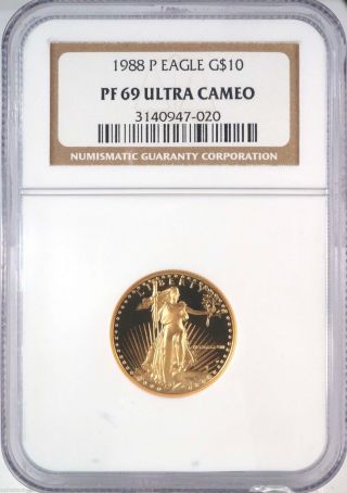 1988 P $10 American Gold Eagle Ngc Pf 69 Ultra Cameo 1/4 Oz G$10 Pf69 Certified photo