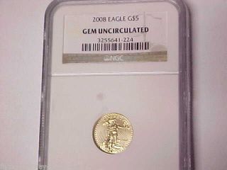 Ngc Gem Bu 2008 $5 Gold American Eagle 1/10 Ounce Gold Gem Uncirculated photo