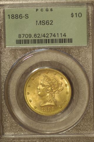 1886 S $10 (ogh) Old Green Holder Gold Liberty Head Eagle Ms 62 Pcgs Nr photo