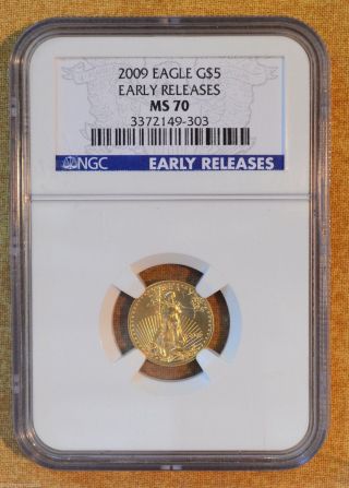 2009 $5 Gold Eagle - Ngc Slabbed Ms70 - Early Releases - 1/10oz Fine Gold photo
