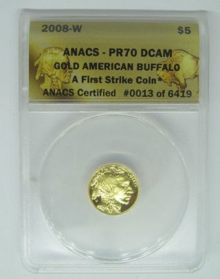 2008 - W $5 Proof American Gold Buffalo 1/10 Oz Anacs Pr - 70dcam First Strike Key photo
