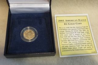2001 1/10 Ounce American Eagle $5 Dollar Gold Coin W/ Case & photo
