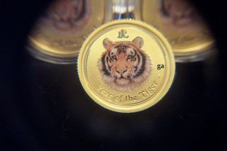 2010 In Capsule Year Of The Tiger 1/10 Oz Pure Gold (colorized).  9999 Gold photo