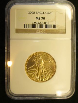 2008 Ngc $25 American Eagle,  1/2 Oz.  Fine Gold Eagle Ngc Ms - 70 Flawless Half Oz. photo