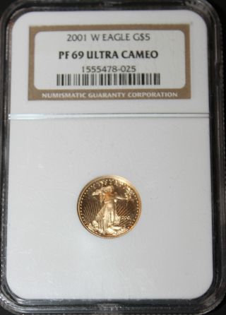 2001 W $5 Gold Proof American Eagle Ngc Pf 69 Ultra Cameo 1/10 Oz. photo