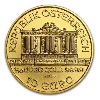 2014 1/10 Oz Gold Austrian Philharmonic Coin - Brilliant Uncirculated - Sku 79047 photo