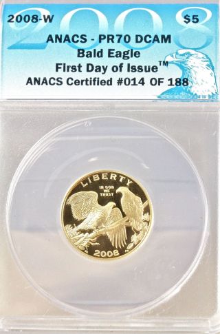 2008 W Commemorative Proof Bald Egale $5 Gold ¼ Oz Coin Anacs Pr70 Dcam Nr photo