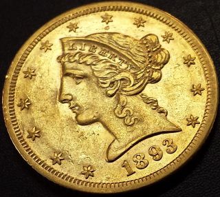 1893 Cc Liberty Head Five Dollar Gold Piece Au Details ($5.  00) (half Eagle) photo