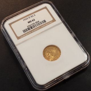 1925 D Indian Head $2.  50 Gold Piece Ngc Certified Ms 62 (two And One Half) photo